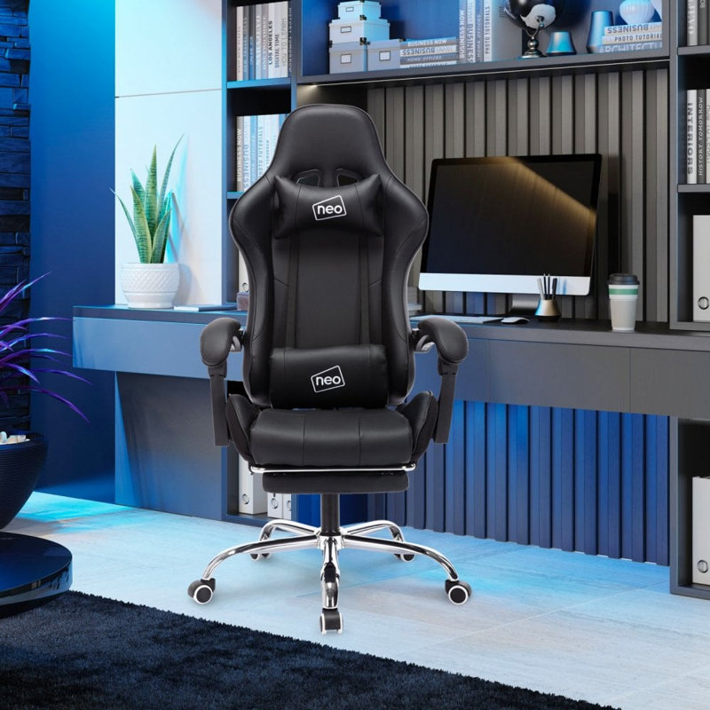 NeoDirect Adjustable Reclining Ergonomic Faux Leather Swiveling PC & Racing Game Chair with Footrest in Black/White, Black
