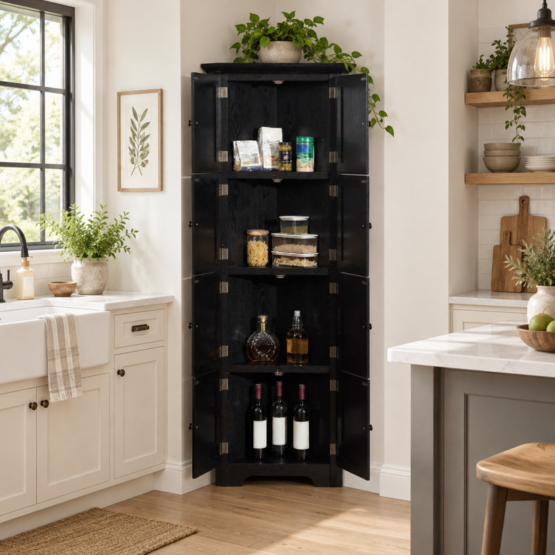 Braveth 72" Corner Pantry Cabinet with Magnetic Door Catches and Anti-Tip Kit, Black