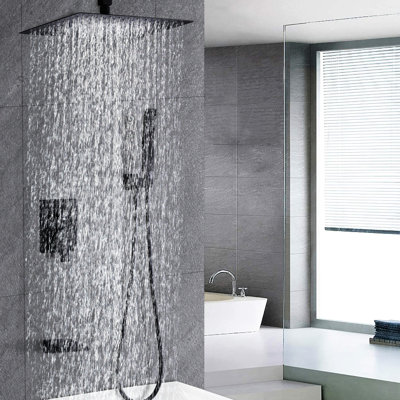 Wall Mounted 12" Shower Machinery Construction Kit, Matte Black, Stainless Steel With Handheld & Waterfall Tub Spout Gear, And