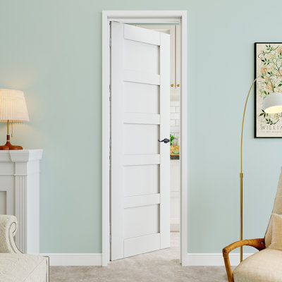 24" x 96" 5-Panel Interior Prehung Door with Curve Lever and Silver Hinges, Solid Core Door Slab, Paintable & Waterproof, Suit for Laundry, Closet Doors, Room Doors, Right Hand