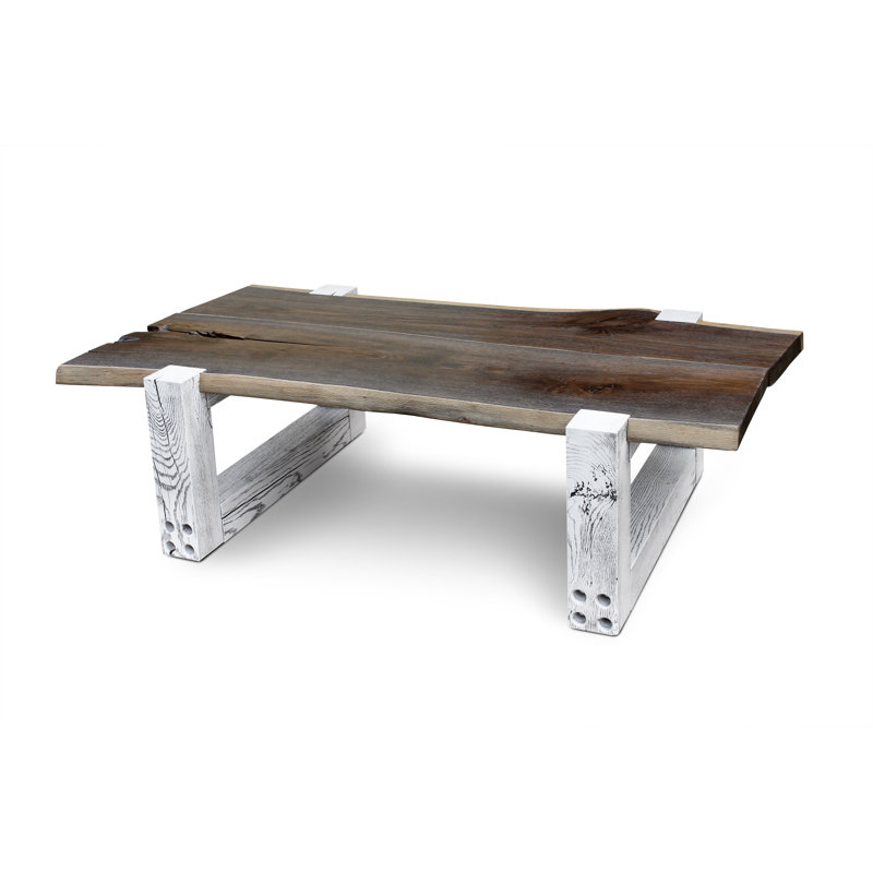 Solid Wood Sled Coffee Table, White, Dark Brown Wood