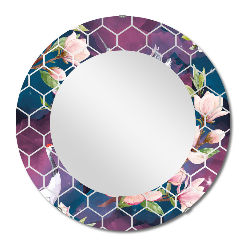 Crane Brds On Blossoming Pink Flowers - Miroir mural traditionnel, 32 po x 32 po