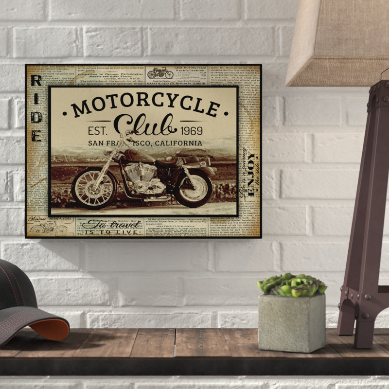 « motocyclette club », affiche rétro sur toile tendue, H 24 po x l 32 po x P 2 po