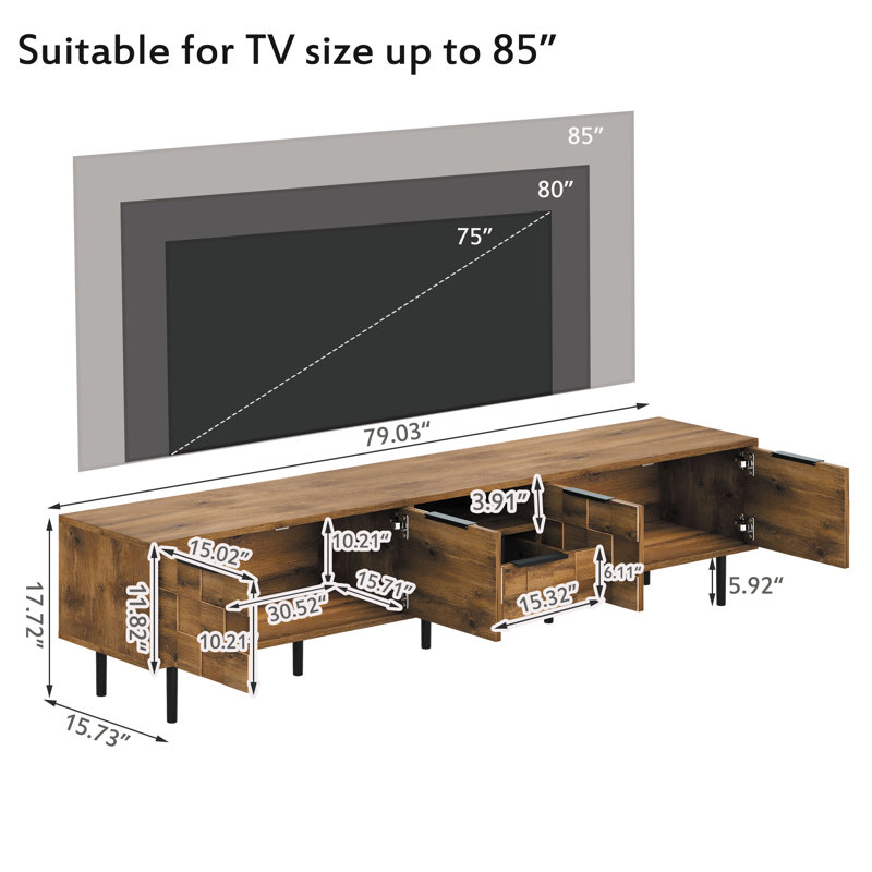 Meuble télé moderne en bois naturel pour téléviseur de 85 po ou moins, meuble télé avec tablette et tiroir