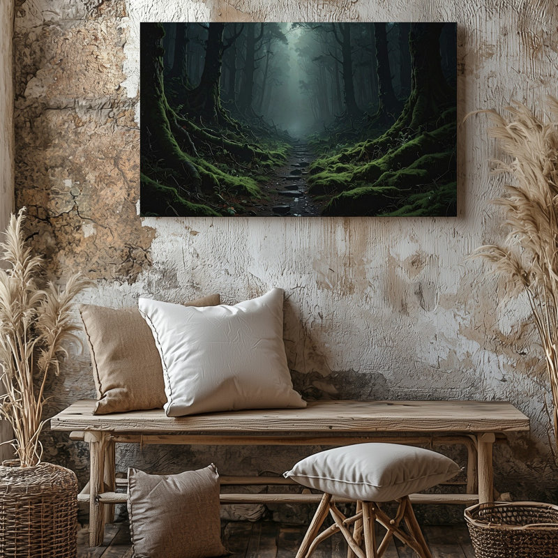 «Mystical Forest Path», art mural sur toile avec lumière pâle et sentier moussu, H 20 po x l 20 po