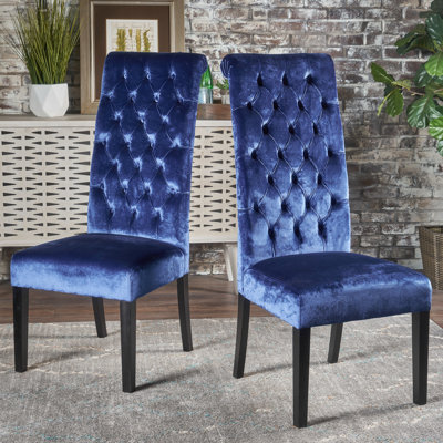Ensemble de 2 chaises de salle à manger Marie, bouleau, velours bleu marine à haut dossier