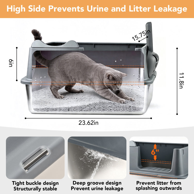 Très grand bac à litière pour chat en acier inoxydable avec couvercle ouvert