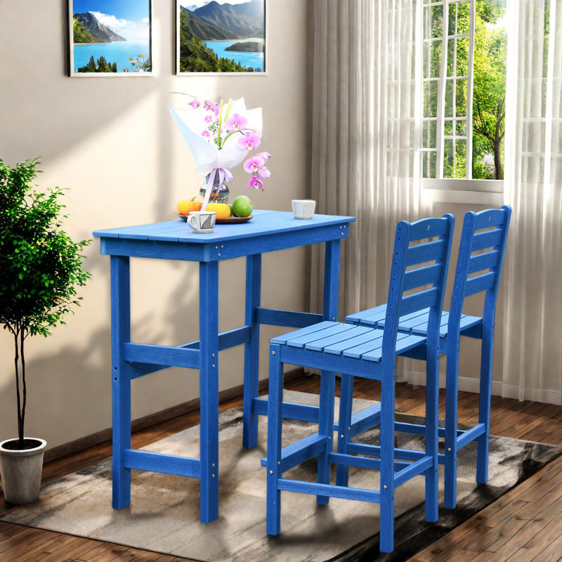 Ensemble de table de salle à manger durable en PEHD, bleu lac, style extérieur moderne