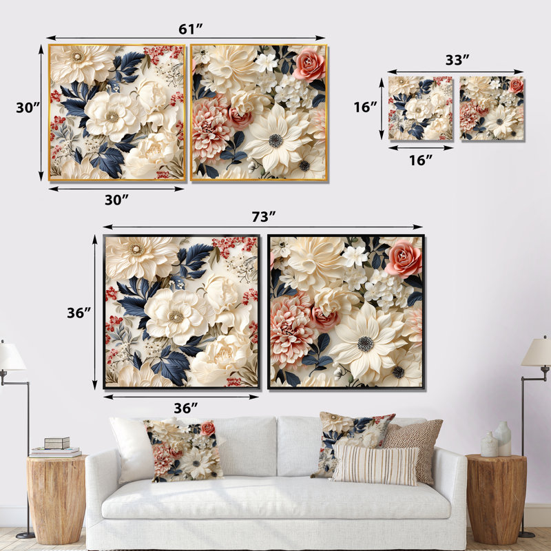 Wabansia - ensemble de 2 impressions murales florales, Cadre blanc, H 36 po x l 73 po x P 1,5 po