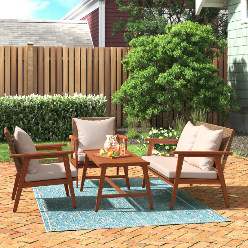 Dameika Acacia Wood 4 - Person Patio Conversation Set with Cushions, Natural, Brown