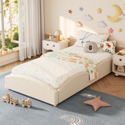 Educational Cloud Design Kids Floor Bed – Soft Soft Fleece Upholstered Platform with Guardrails – Low Profile Daybed for Nursery – Off-color, Twin, Soft Fleece