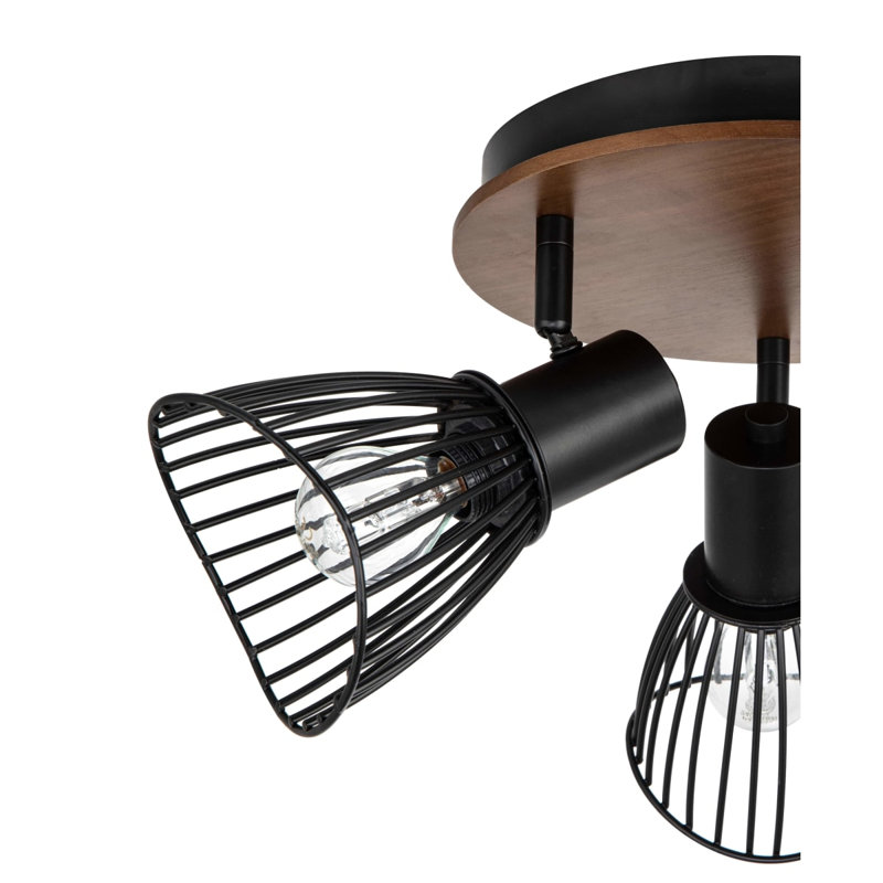 Hadley 3 Light Industrial Matt Black Wire Shade Spotlight with Wooden Backplate, 3xE14. Max. 10W LED (Bulb not included)