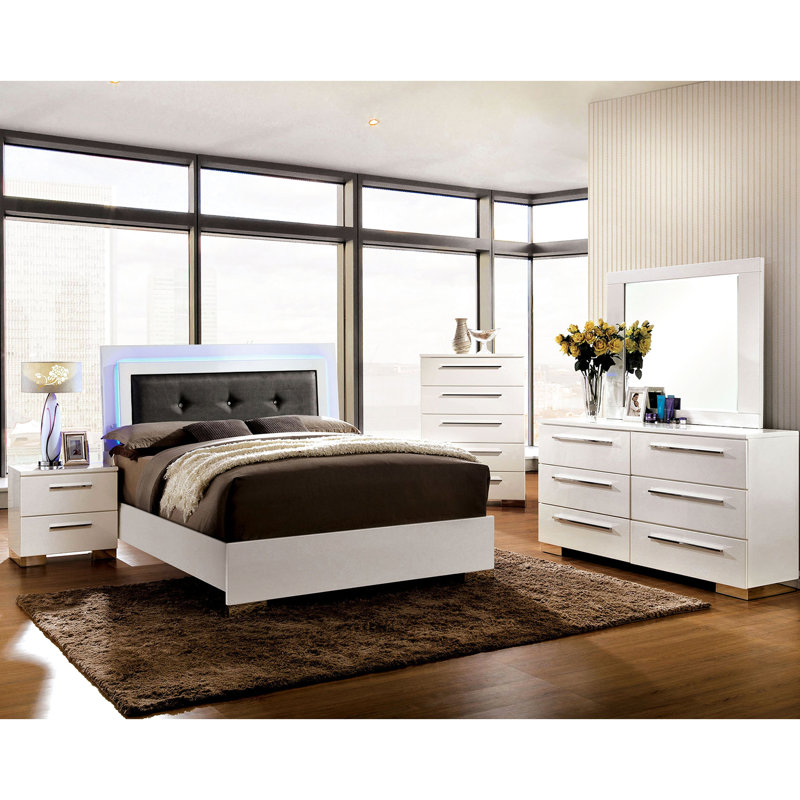 Table de chevet 2 tiroirs pour chambre à coucher en blanc brillant avec glissières à roulement et poignées supérieures en feutre