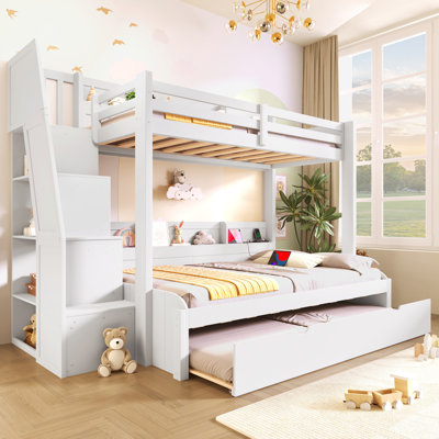 Twin over Full Bunk Bed with Storage Stairs, Trundle, Built-in Shelves & USB Charging Station, White