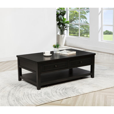 2 Rectangular Coffee Table In Distressed With Engineered Wood Frame And Solid Legs Finish Louvered Drawers For Transitional Decor