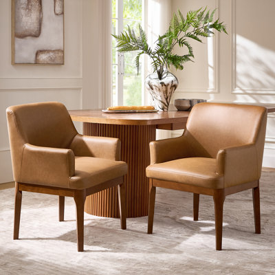  Stanley 24.5"W Mid-Century Modern Leather Dining Chair with Solid Wood Legs (Set of 2)