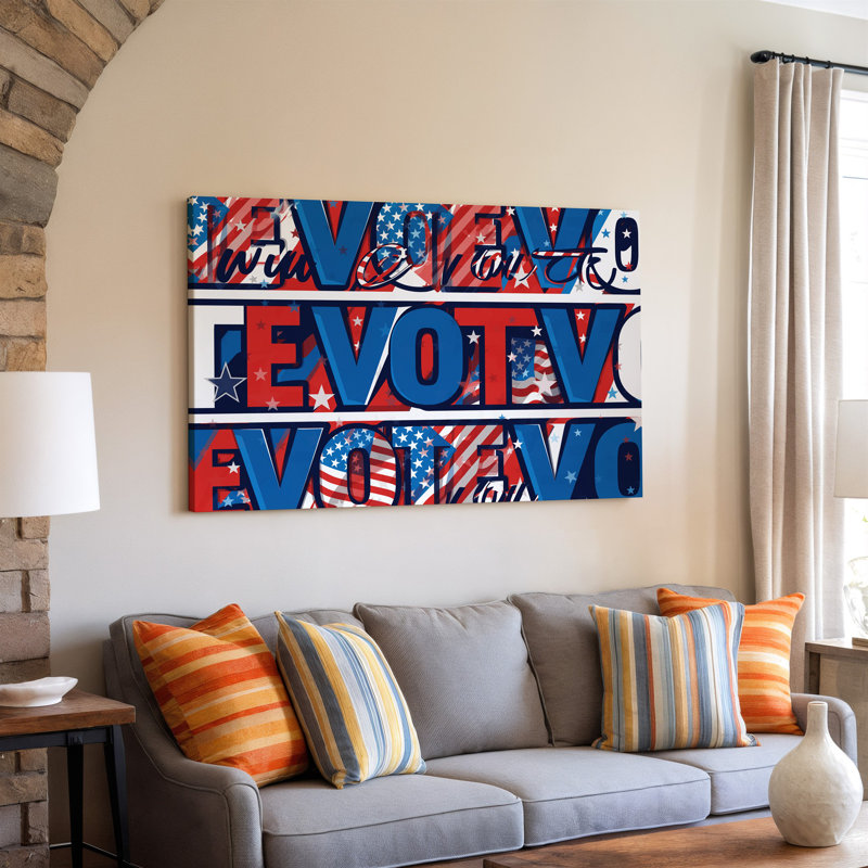 La toile crée un motif graphique éclatant avec un collage d'éléments audacieux de texte stylisé qui mettent en valeur le mot