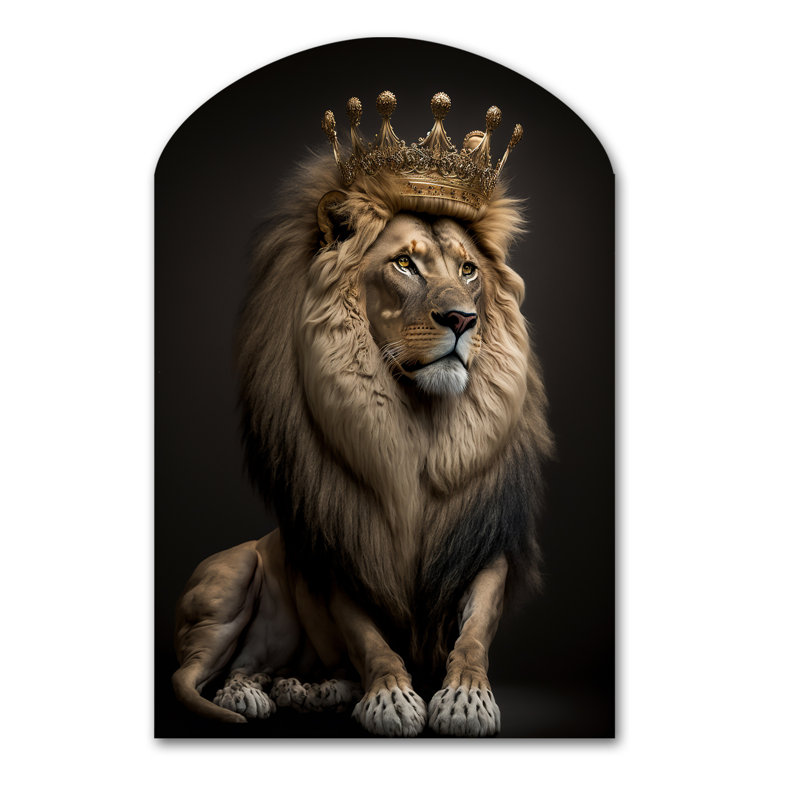 Portrait d'un roi lion I - animaux, art mural en forme d'arche de lion, H 34 po x l 25 po