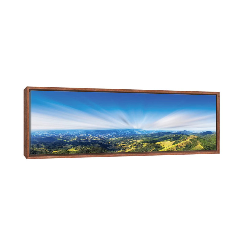Sunset Over Field Panorama by Glauco Meneghelli - Panoramic Painting on Canvas, Brown Floater Frame, 121.92 cm H x 40.64 cm W
