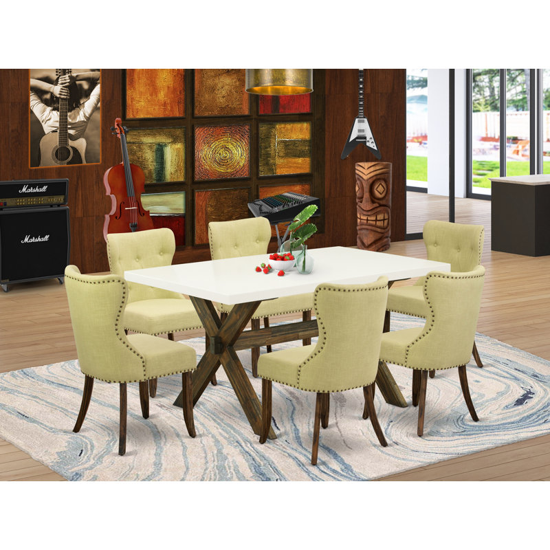 7 Piece Dining Set Consist of a Rectangle Dining Room Table with X-Legs and 6 Limelight Linen Fabric Upholstered Parson Chairs, distressed Jacobean finish