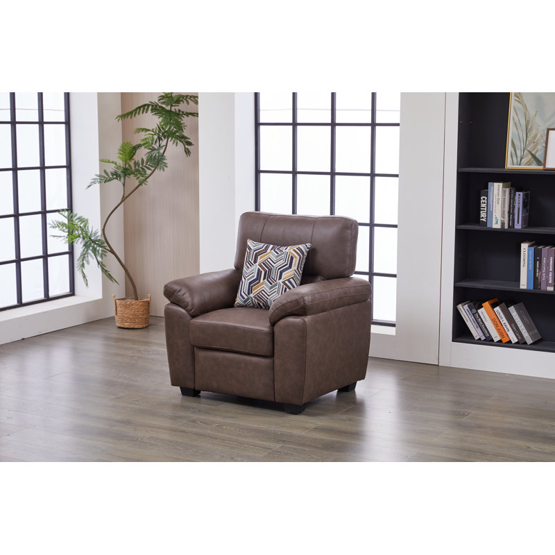 Chaise d'appoint moderne en similicuir beige avec coussin décoratif, coussins moelleux et accoudoirs coussinés, Brown
