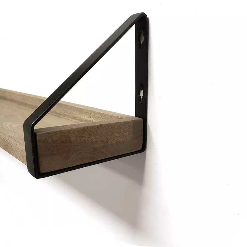 24" Solid Wood Ledge Wall Shelf with Rustic Metal Bracket Driftwood: Industrial Style, Open Shelving for Display