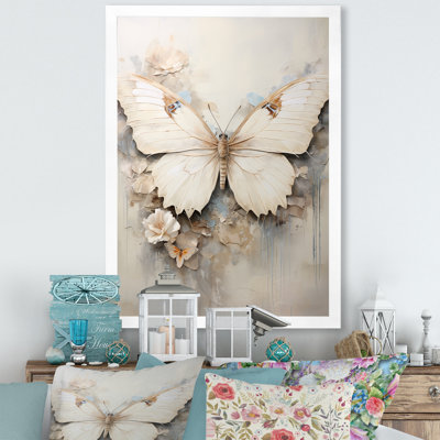 Minimalism Beige Butterfly Framed On Canvas Print