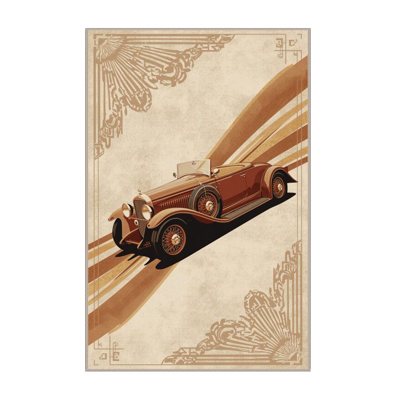 Machine Washable Maurice Antique Roadster Car Traditional Vintage Look Rug in Beige – Beige Binding, 3x5