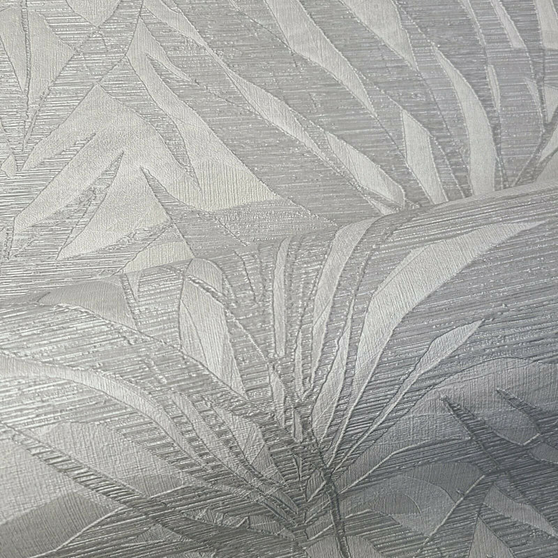 Rouleau de papier peint texturé floral gris argenté métallique avec feuilles de palmier, Argent gris