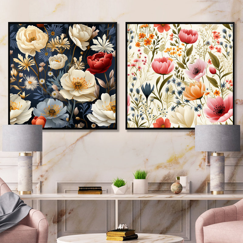 Motif floral de campagne champêtre - ensemble de 2 impressions murales florales, Cadre noir, H 36 po x l 73 po x P 1,5 po