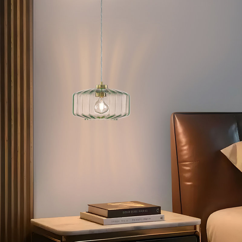 Modern Minimalist 1-Light Clear & Green Striped Glass Pendant Light, Green