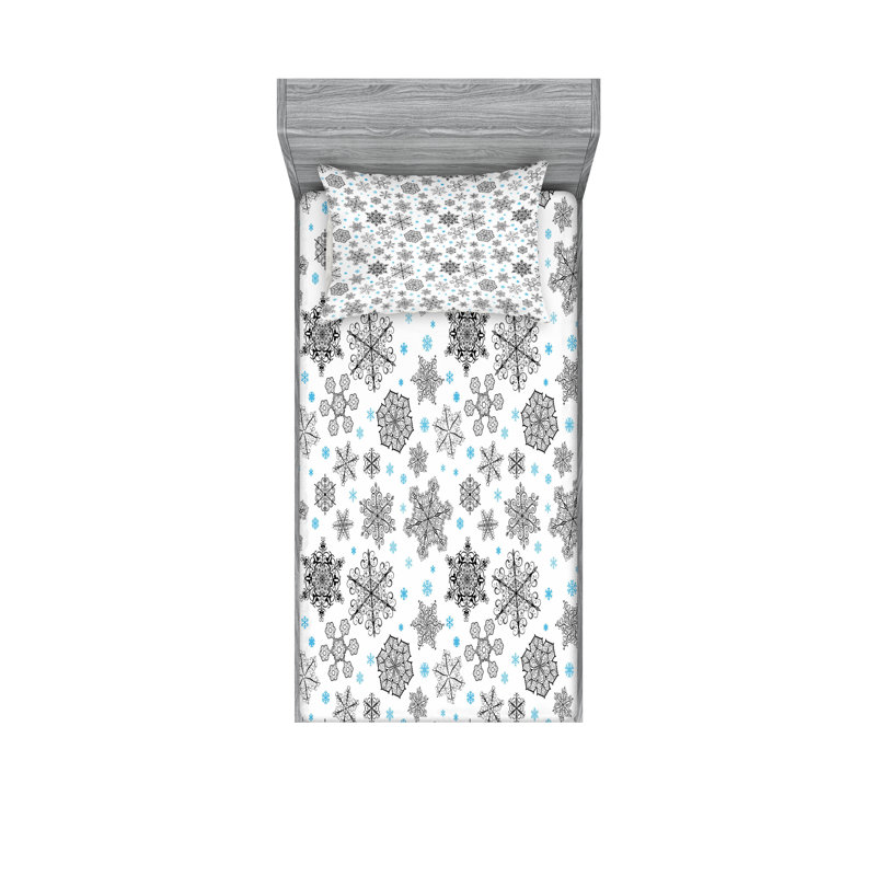 Ambesonne Snowflake Fitted Sheet & Pillow Sham, Blue Black White, Twin Fitted Sheet Set + 2 Pillow Cases