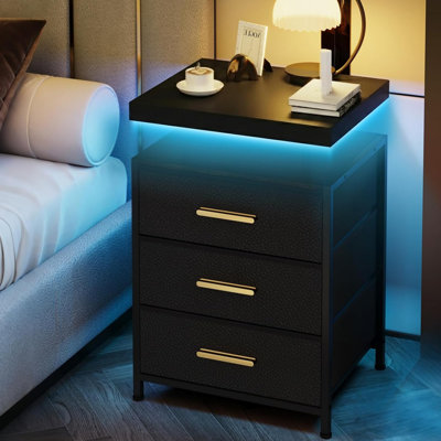 3 Drawers Black Nightstand With Smart Led