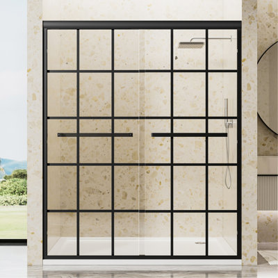 56"-60" W x 72" H Matte Black Aluminum Frame Double Sliding Shower Door, 1/4" (6mm) Clear Tempered Glass With nano self-cleaning coating, Dual Stainless Steel Handles