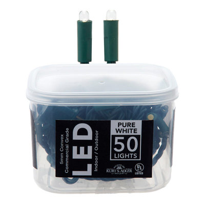 Kurt Adler 25.5-Foot UL 50-Light Convex Pure White 5MM LED Green Wire Light Set