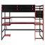 Lit mezzanine simple en bois avec bureau, support de rangement latéral, tablettes multiples et lumière RVB, rouge-130583963