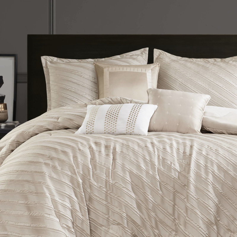 Édredon grand de luxe beige 7 pièces avec motif diagonal, rembourrage toutes saisons, jupe de lit et coussins décoratifs beige, motif, gouttes de 15 pouces, taies décoratives assorties