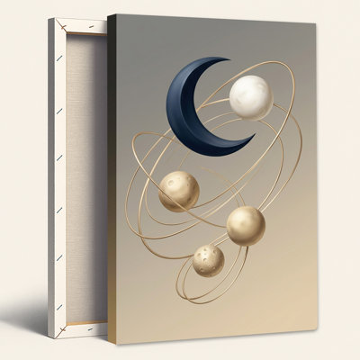 Blue Crescent Moon And Gold Planets With Wire Orbits Canvas Wall Art