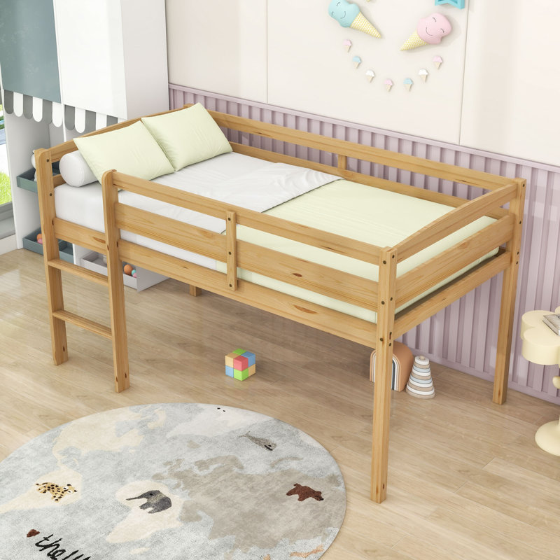 Twin Wood Loft Bed With Ladder & Guardrails, Low-Height Design, Walnut