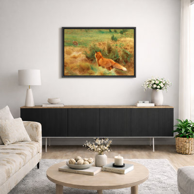 Fox Watching Rabbit Meadow Scene Artwork, Vintage European Wildlife Landscape Pictures, Framed Canvas Giclee Print Wall Art
