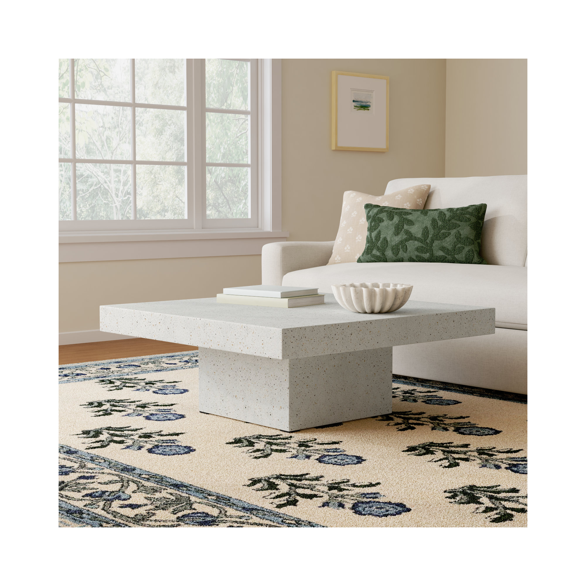 Kareen Concrete Pedestal Coffee Table, Ivory Terrazzo