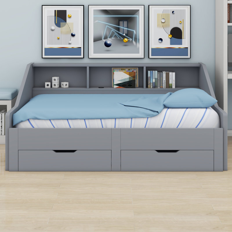 Daybed Frame With Storage Bookcases And Two Drawers,Charging Design, Gray