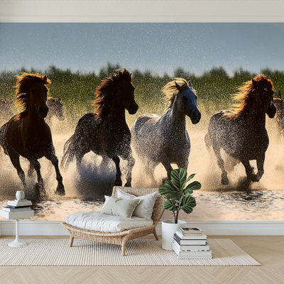Peel and Stick Wallpaper 96" W x 69" H Modern Self Adhesive Wall Mural for Bedroom Horses river