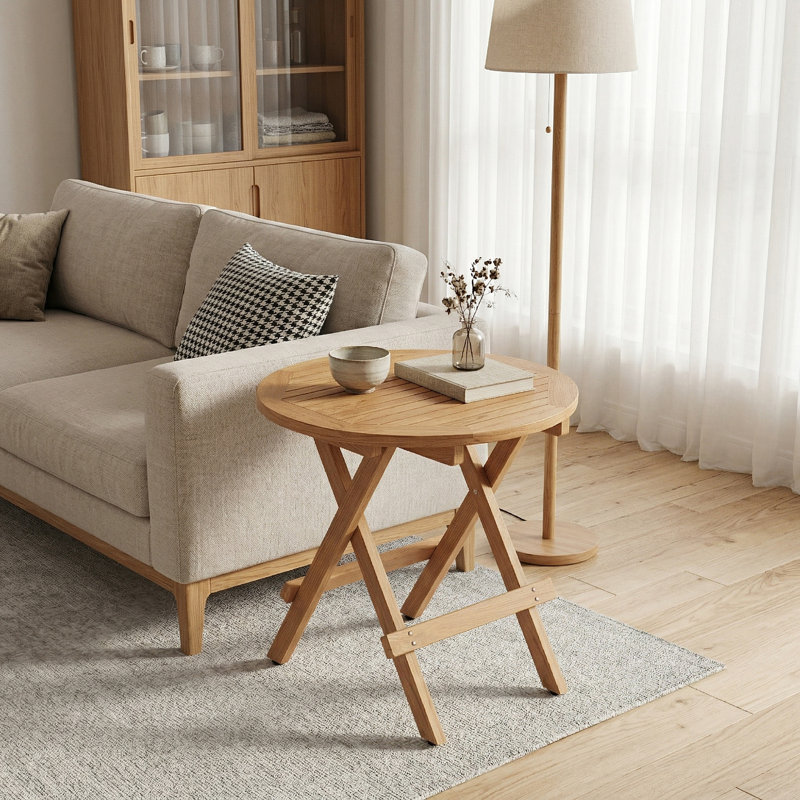 Table d'appoint pliante ronde en teck massif - Table de bout pour patio intérieur et extérieur