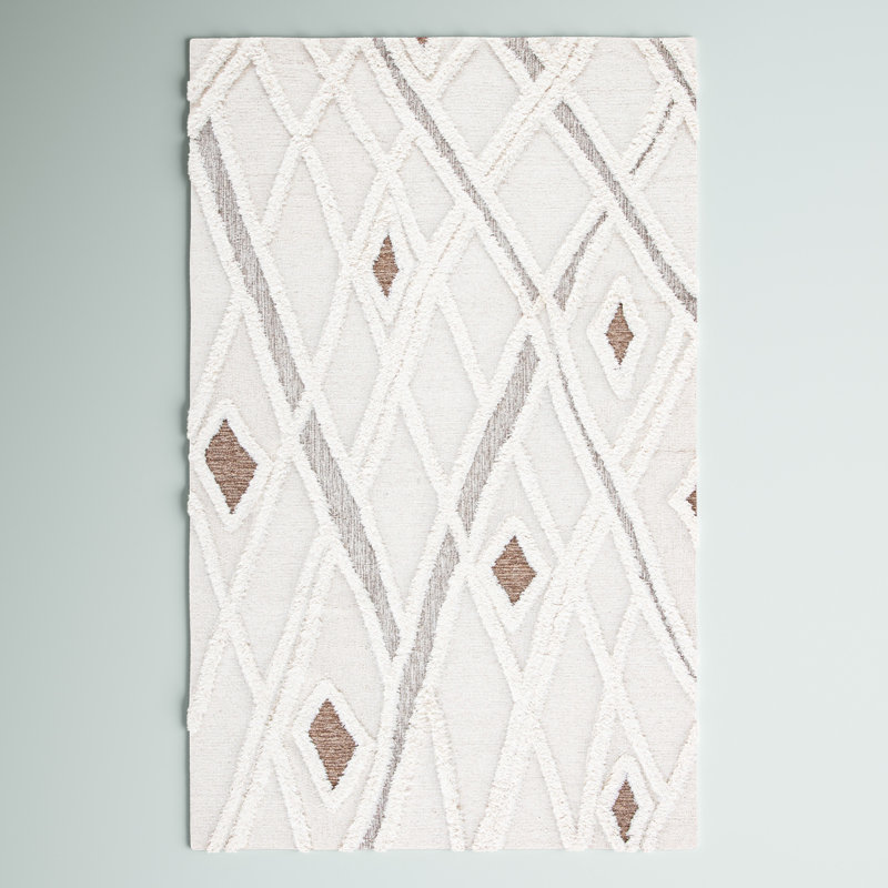 Tapis géométrique touffeté à la main en coton / laine crème / brun / gris Saphira, Rectangle de 10 pi x 14 pi