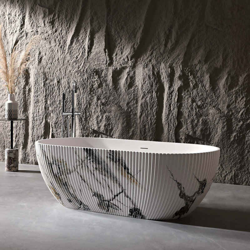 67" Freestanding Soaking Tub Solid Surface Stone Bathtub Marble-textured With Stripe Design