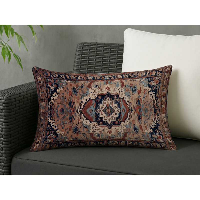 Coussin décoratif intérieur et extérieur Modern, Bleu marine / rouille / beige damassé, Rectangle H 20 po x l 14 po