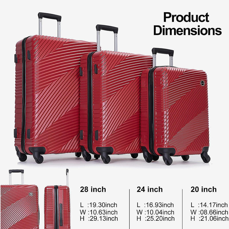 Ensemble de valises 3 pièces Valise légère PC + ABS avec deux crochets, roues pivotantes, (20/24/28) rouge