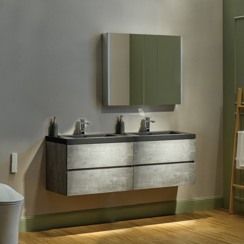 59 in. W x 19-5/8 in. D Wall Mounted Floating Bathroom Vanity in Gray with Quartz Sand Composite Vanity Top in Matte Black