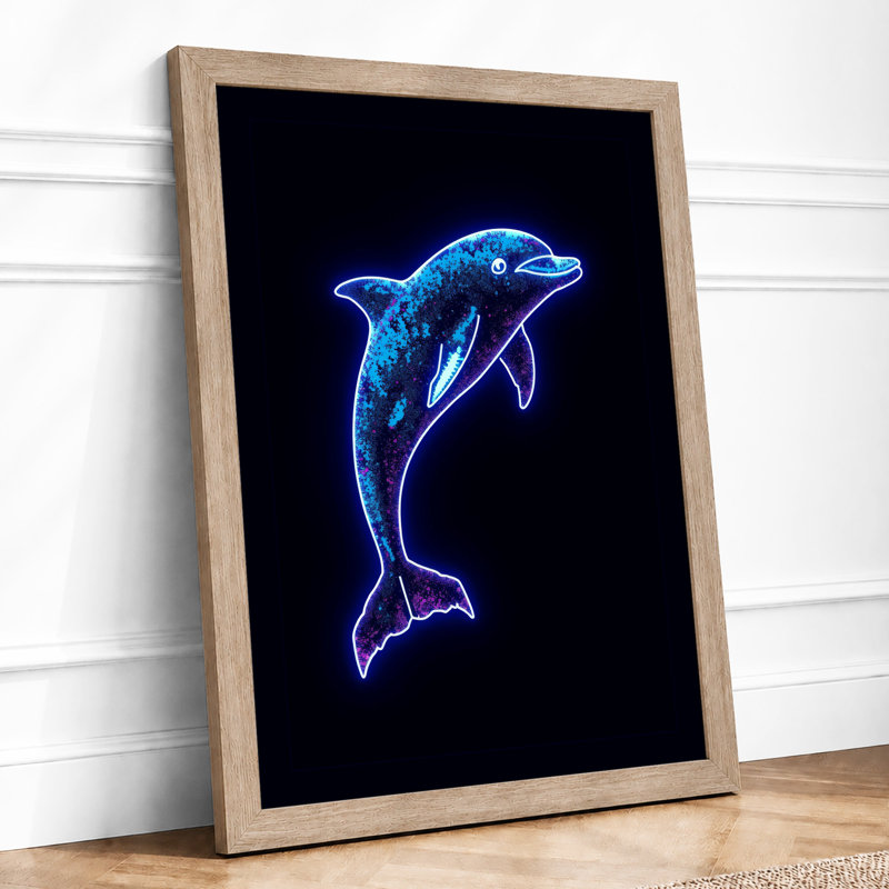 Neon Dolphin Leap Modern - Framed Print, A4 - 29.7 x 21.0 cm, Oak